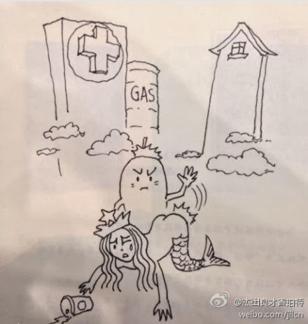 Caricatura que circulaba en weibo criticando que CCTV no reportara temas de más interés para los chinos como los altos costos de vivienda, servicios médicos y combustibles.